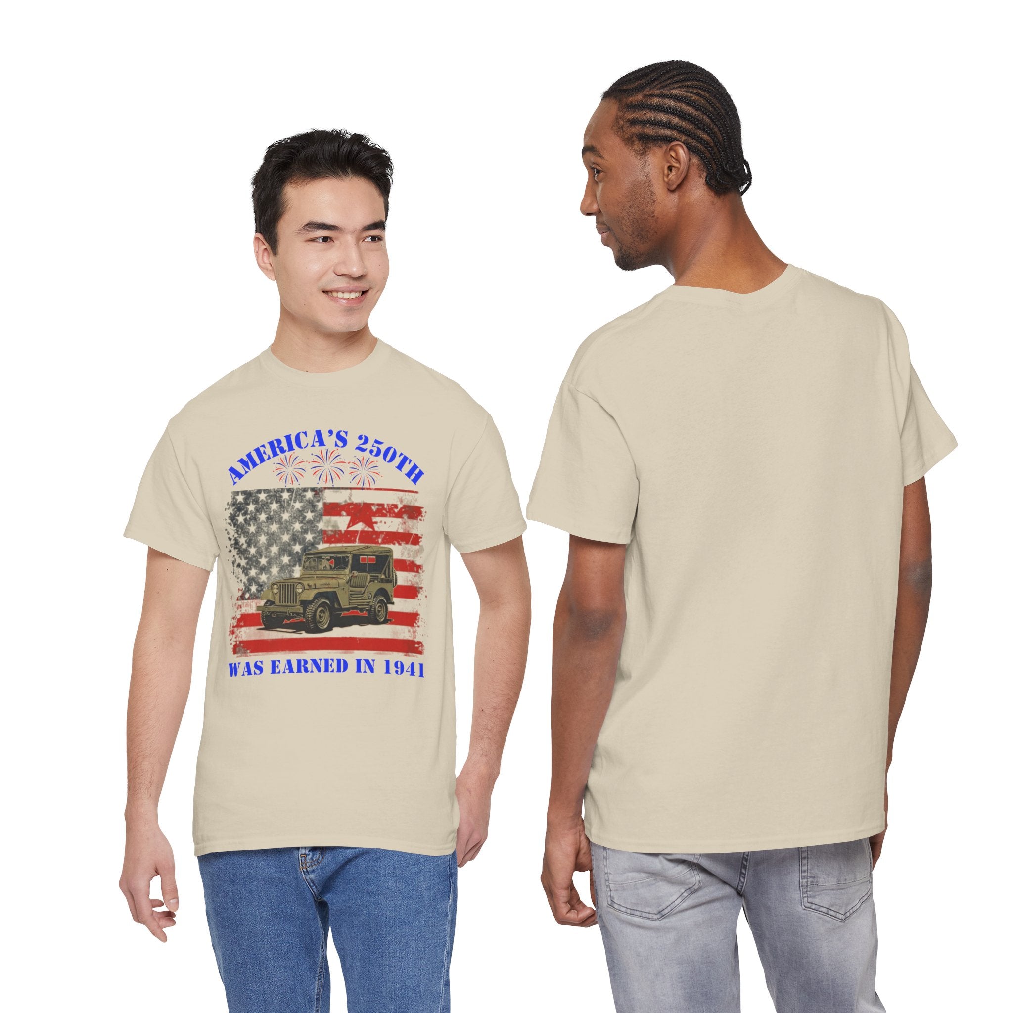 Military Jeep Patriotic Tee — "America's 250th Was Earned in 1941"