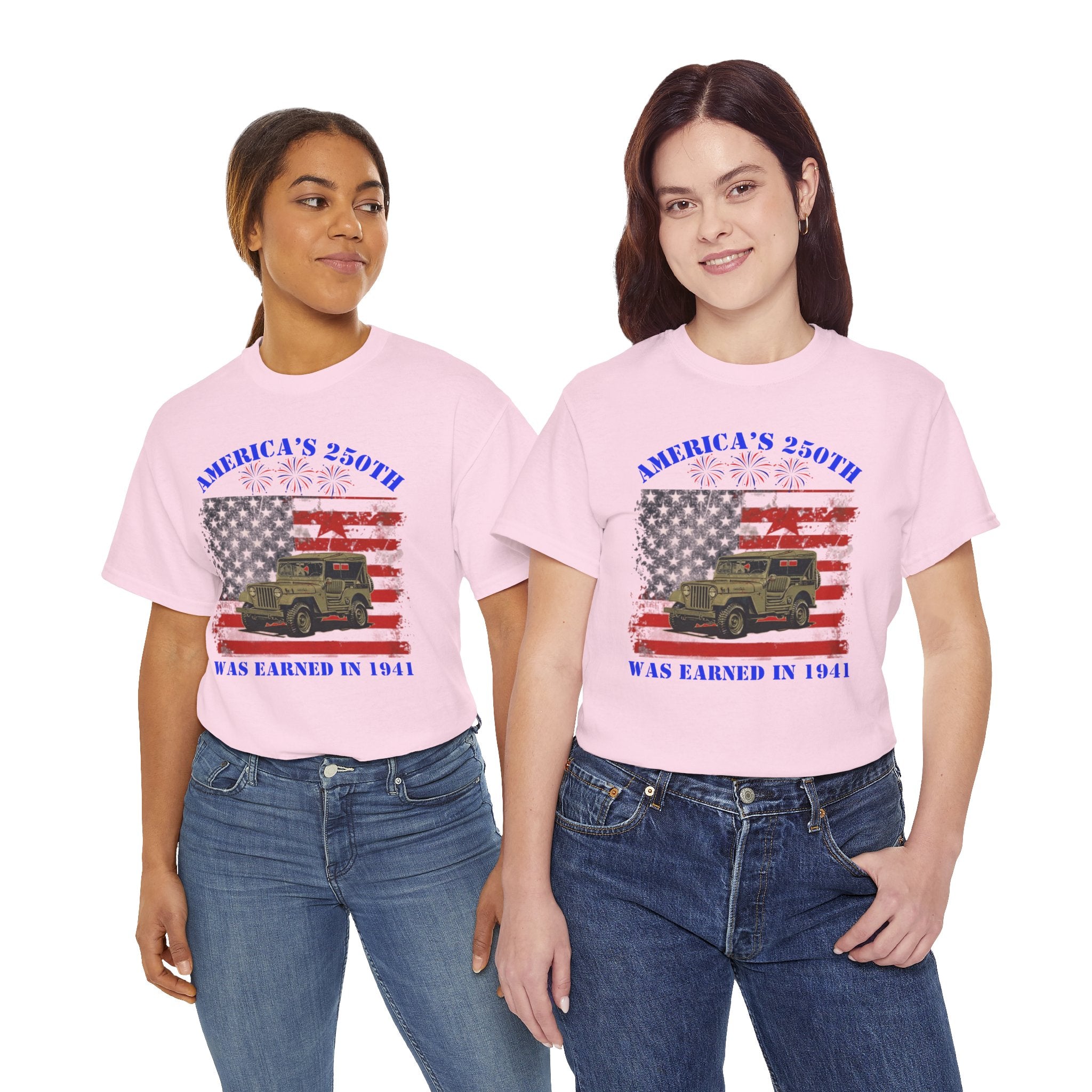 Military Jeep Patriotic Tee — "America's 250th Was Earned in 1941"