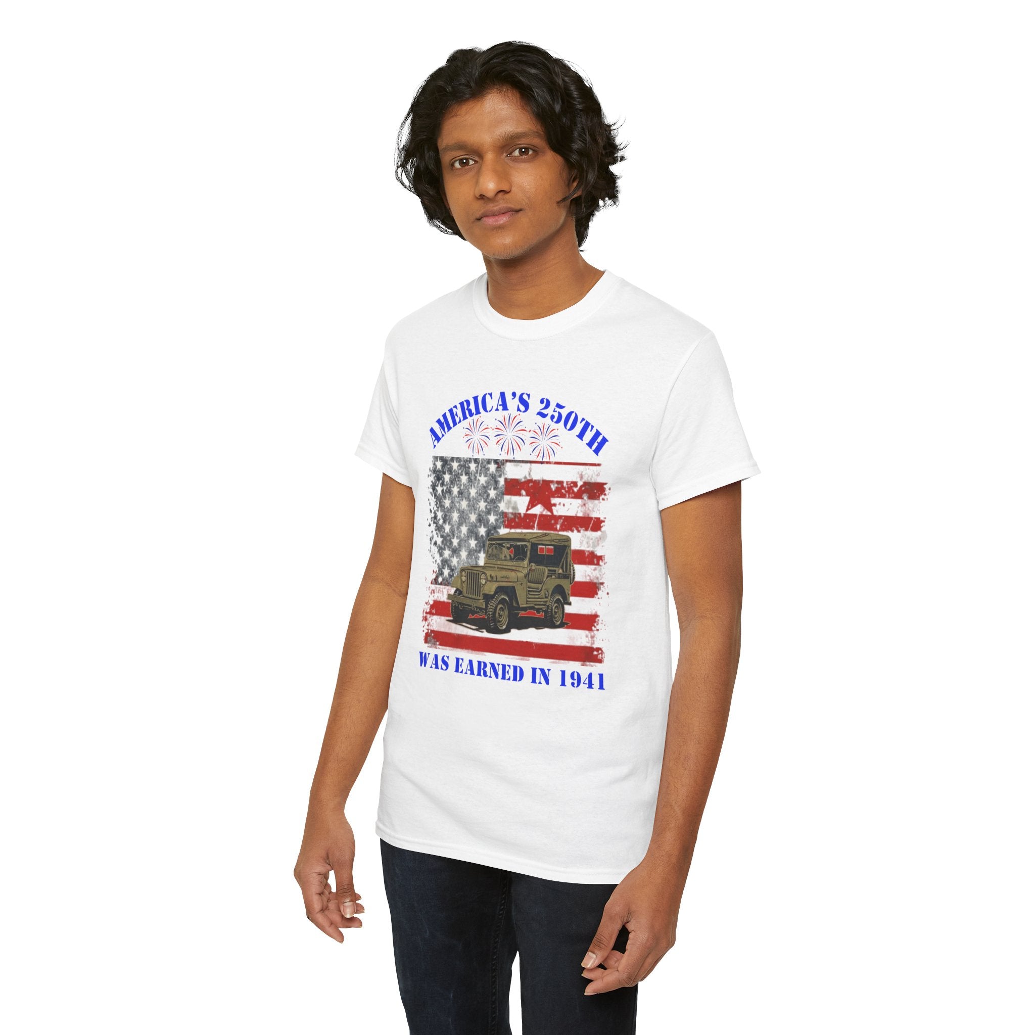 Military Jeep Patriotic Tee — "America's 250th Was Earned in 1941"