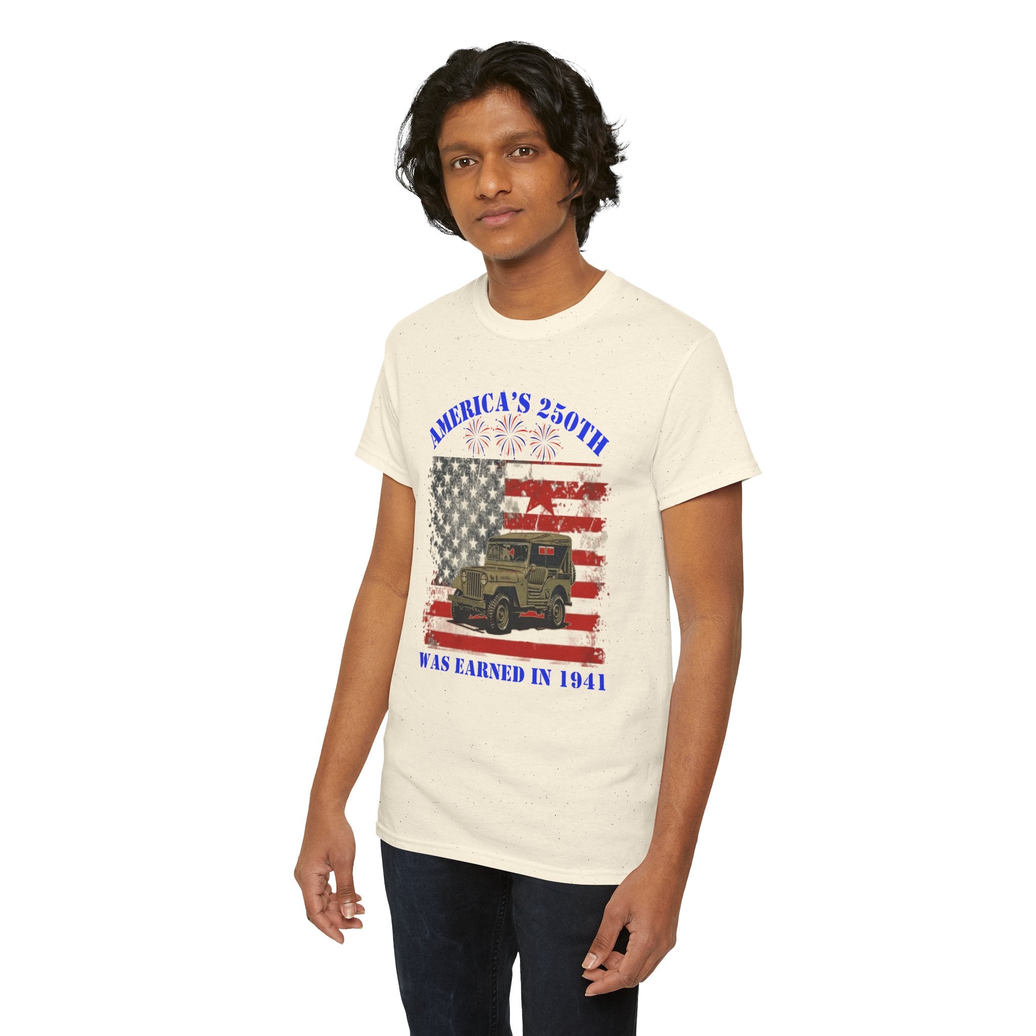 Military Jeep Patriotic Tee — "America's 250th Was Earned in 1941"