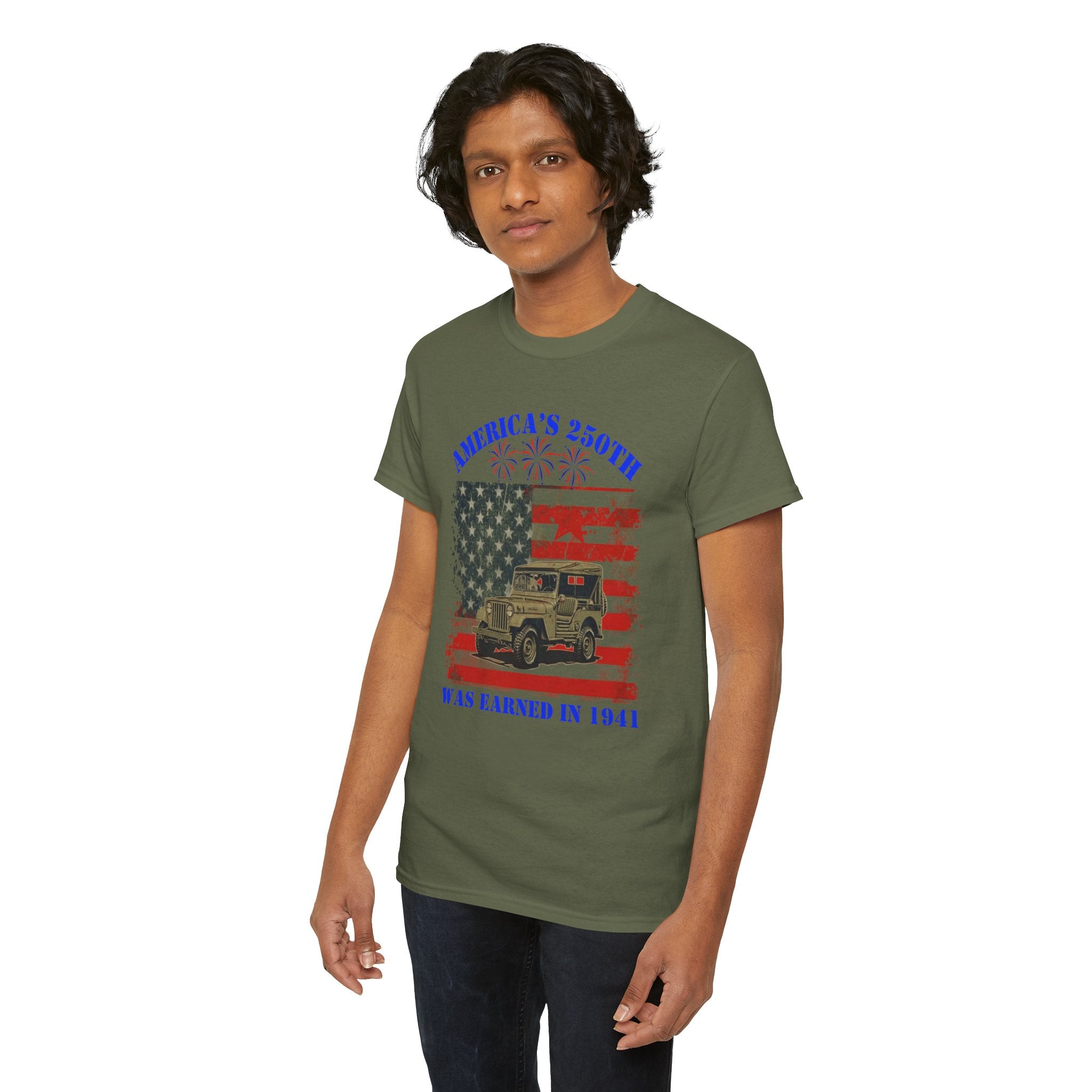 Military Jeep Patriotic Tee — "America's 250th Was Earned in 1941"