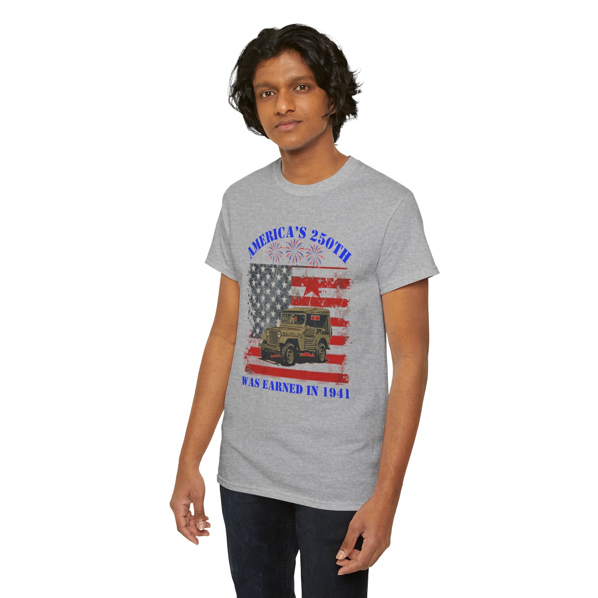 Military Jeep Patriotic Tee — "America's 250th Was Earned in 1941"