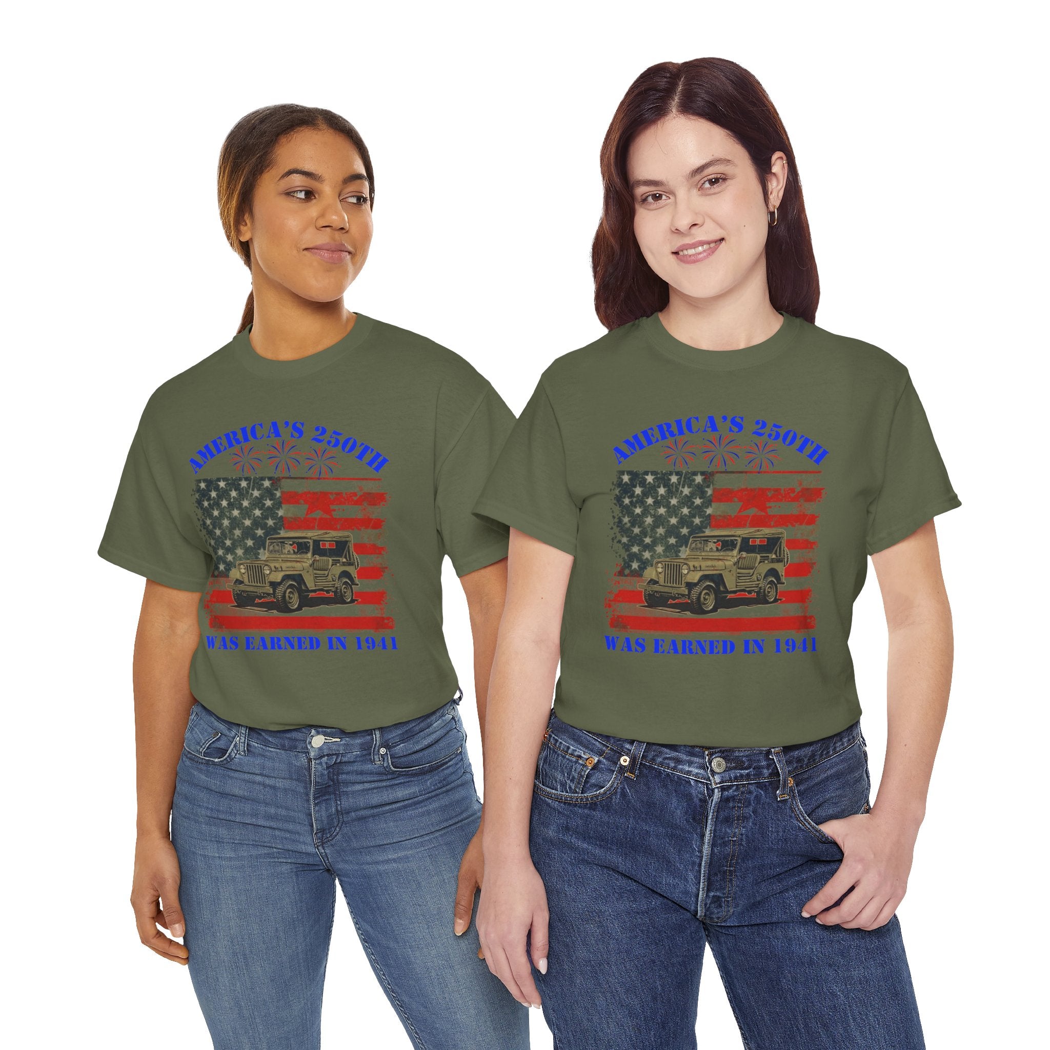 Military Jeep Patriotic Tee — "America's 250th Was Earned in 1941"